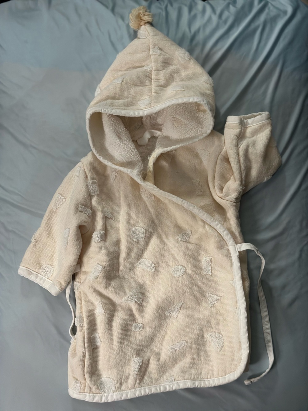 Crate & Barrel | Organic Cotton Cream Textured Pajama Robe with Pom Pom Hood